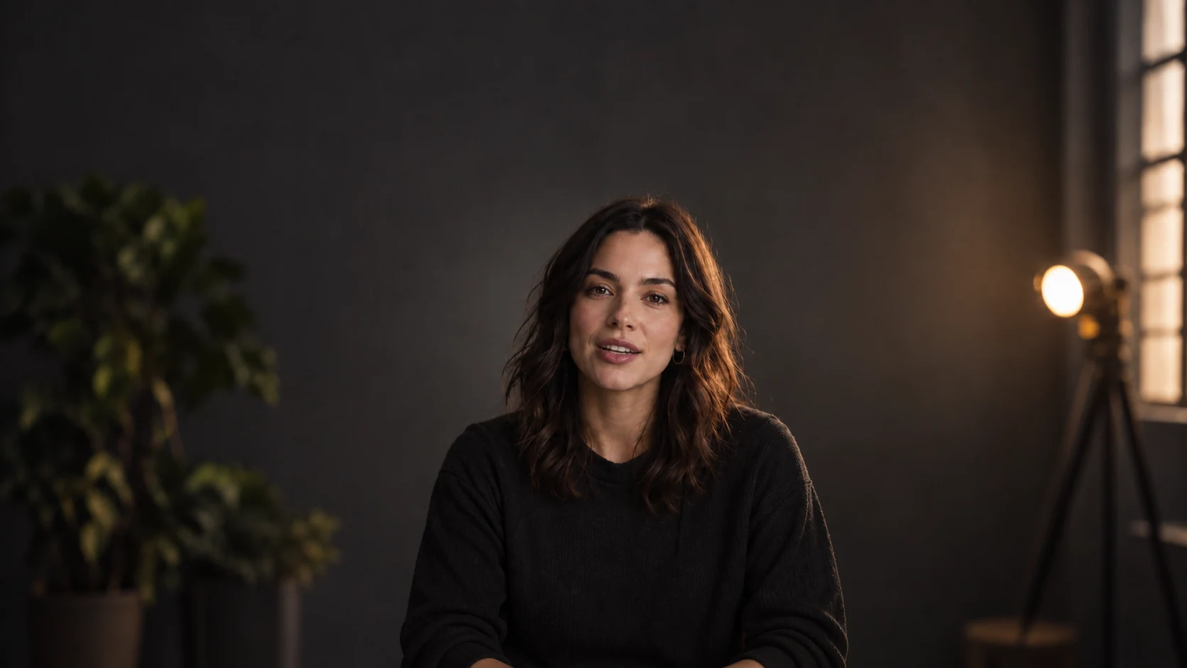 A speaker looking into the camera in a warm, softly lit studio.